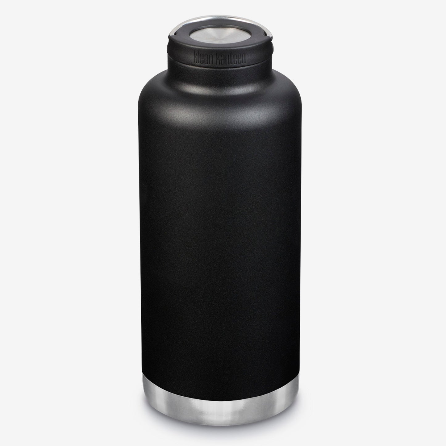 Black insulated bottle with silver base and cap on a white background
