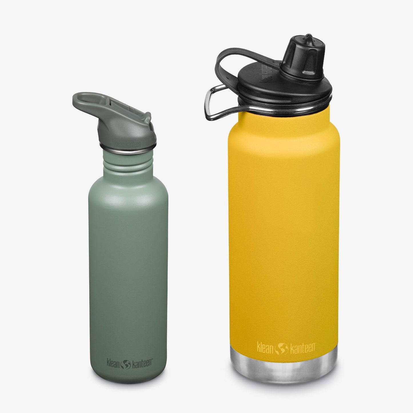 Two insulated water bottles, one green and one yellow, on a white background.
