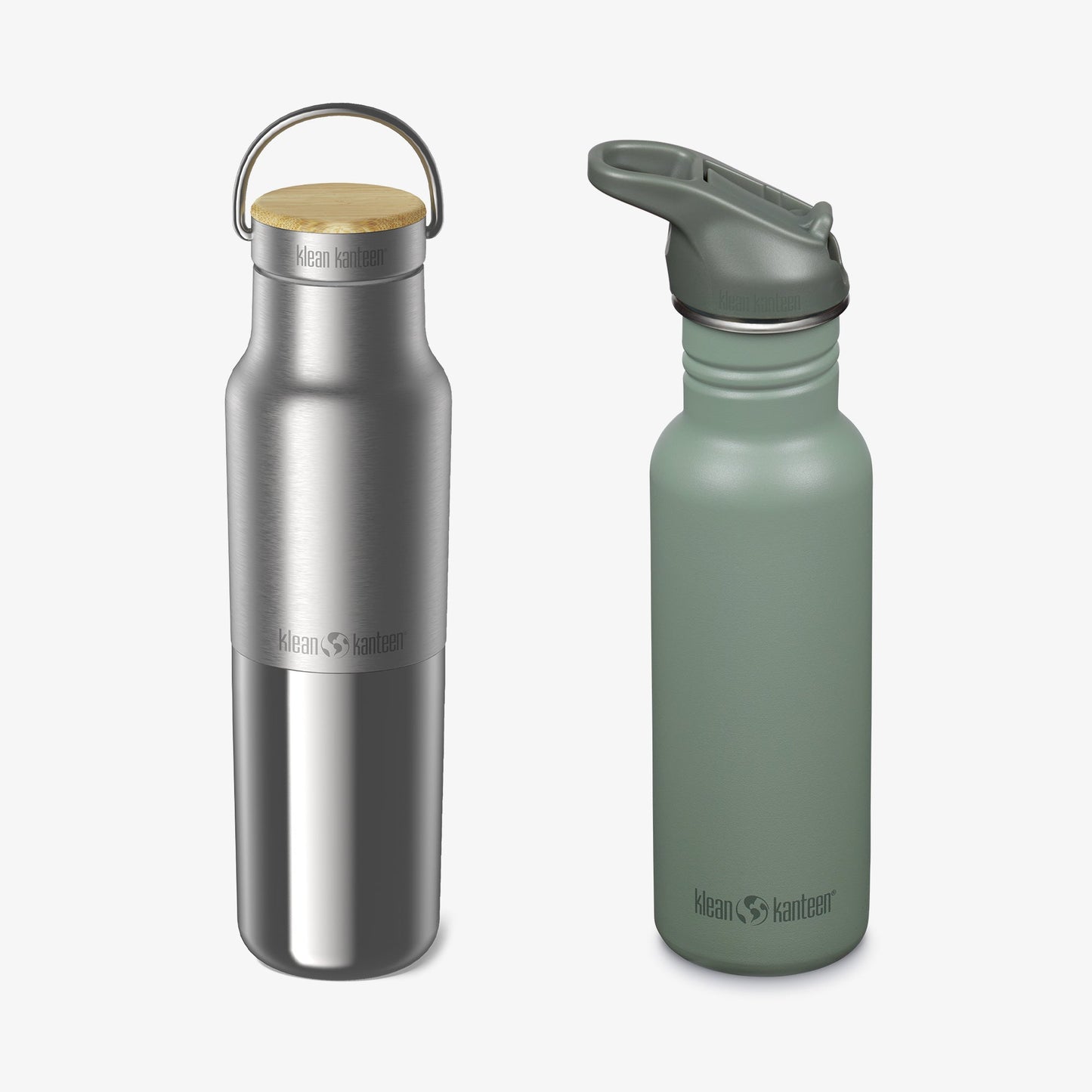 Two insulated water bottles, one silver and one green, on a white background.
