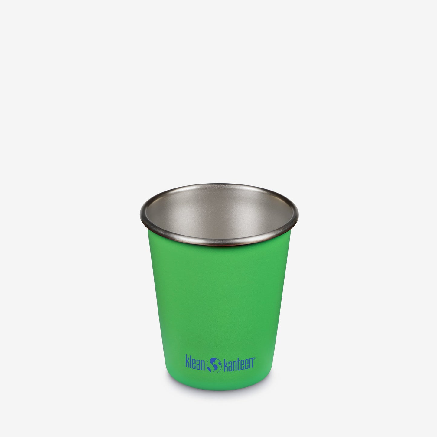 Green stainless steel cup with Klean Kanteen logo on a white background
