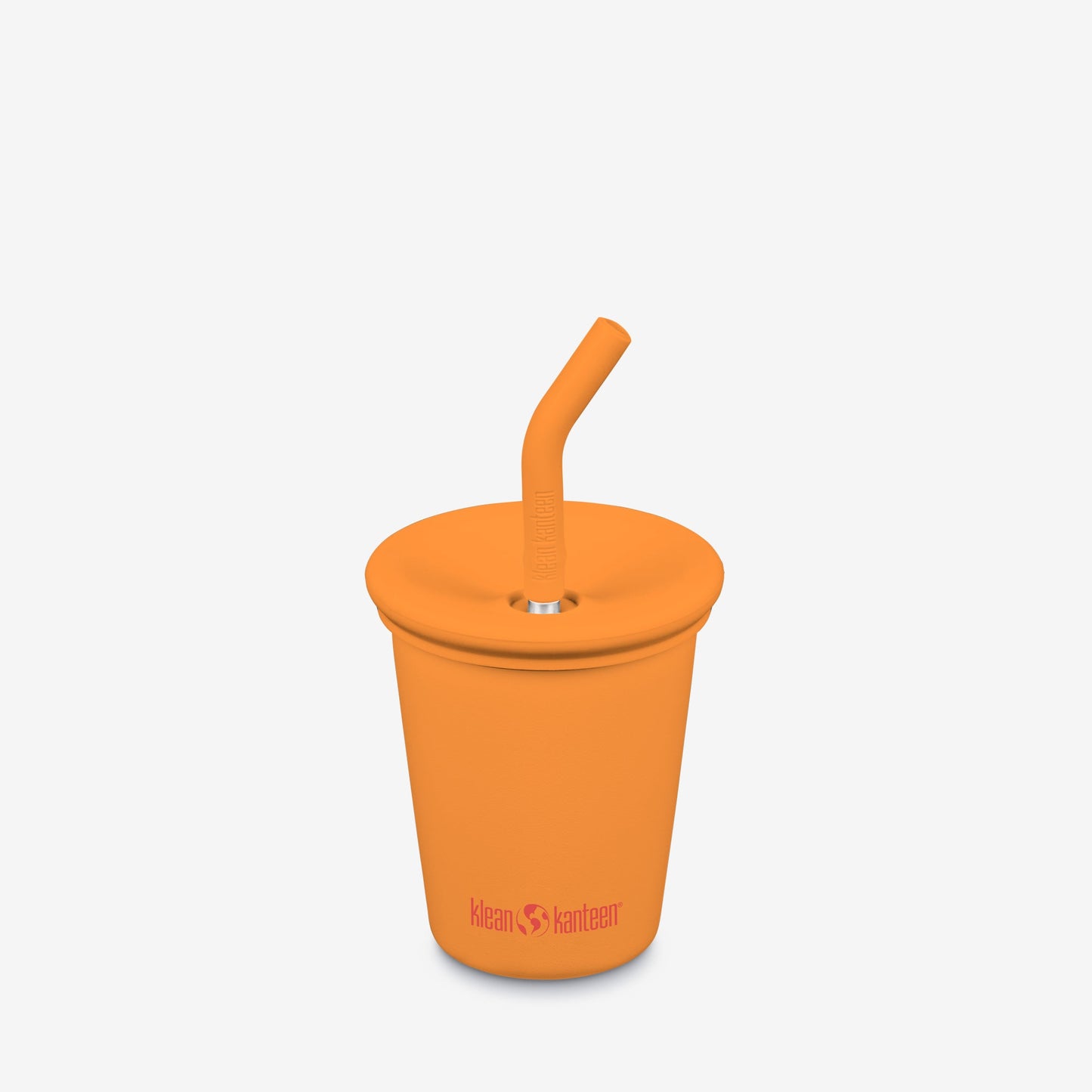 Orange kids sippy cup with a straw on a white background