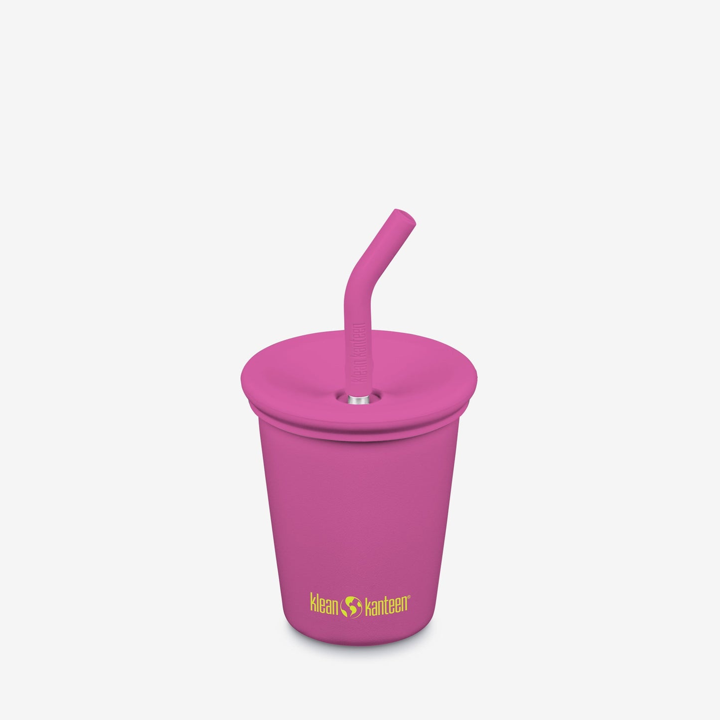 Pink kids sippy cup with straw on a light gray background