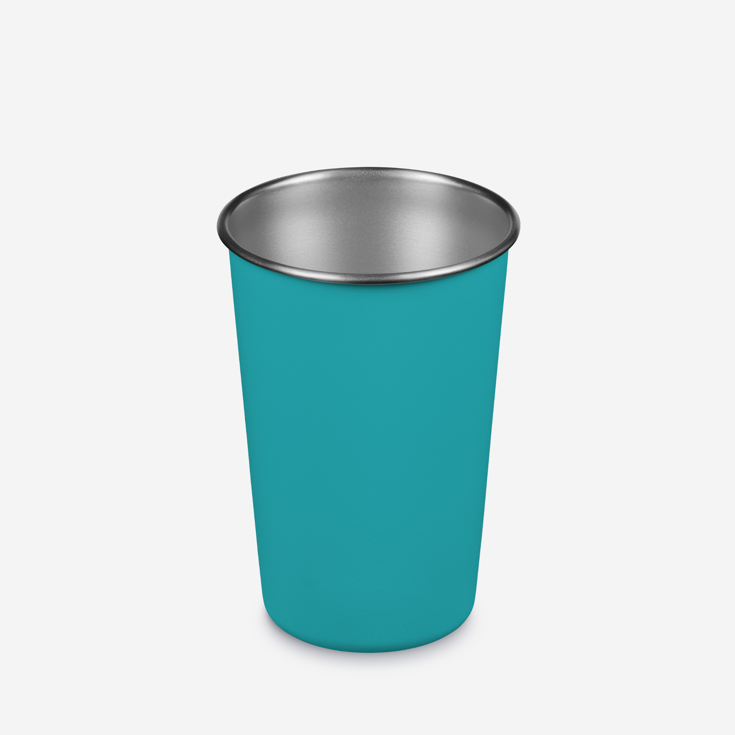 Teal cup with silver rim on a white background