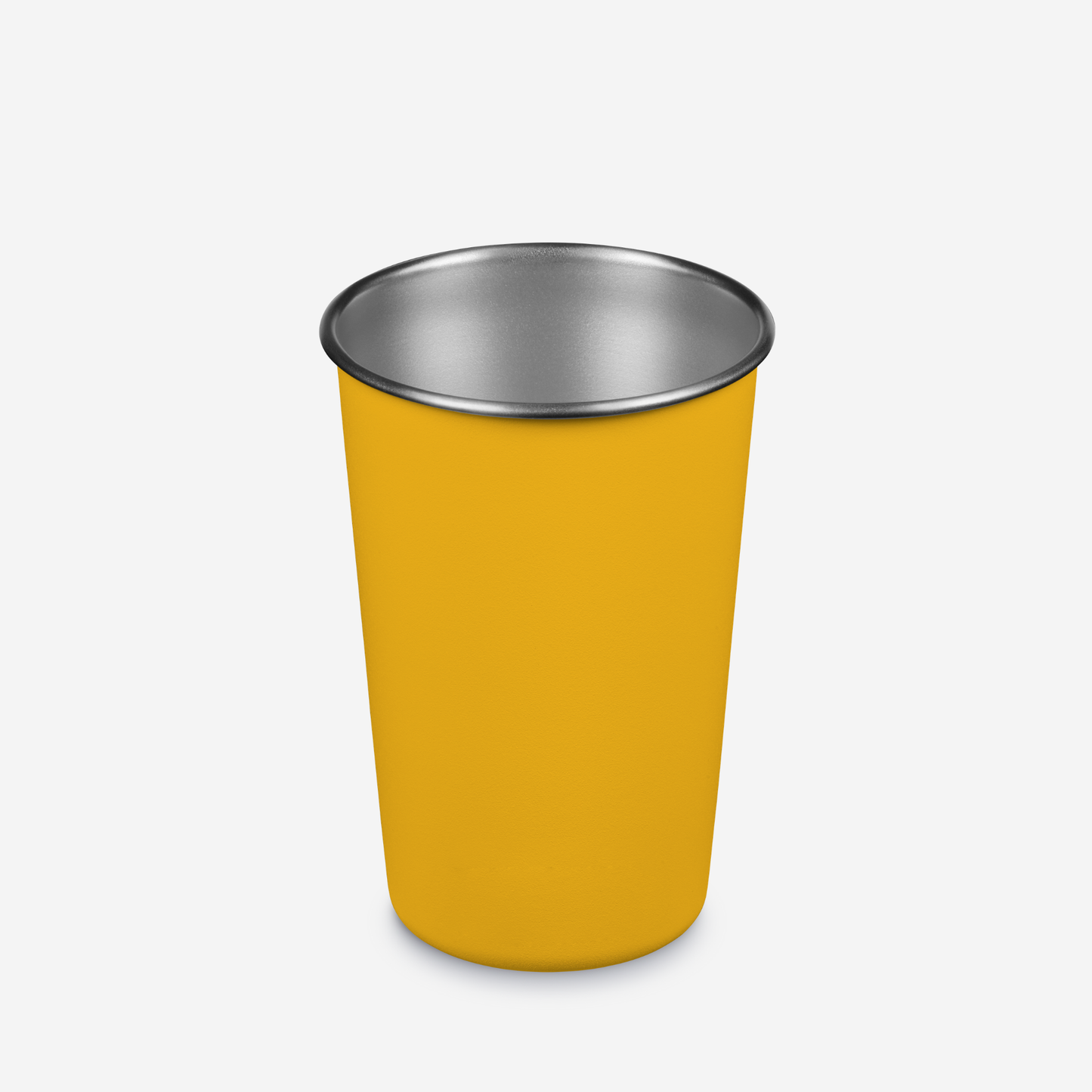 Yellow cup with a silver rim on a white background