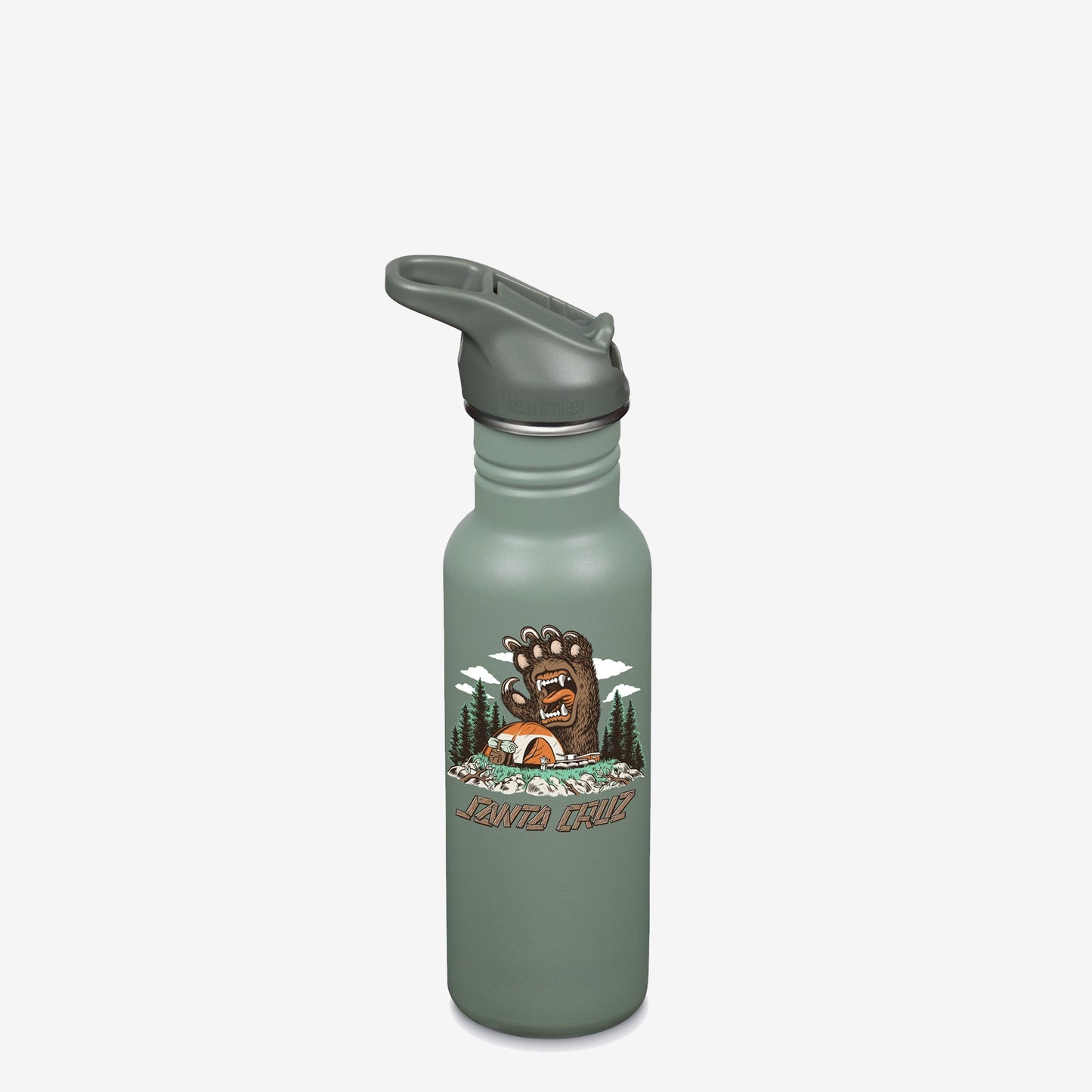 Green water bottle with bear graphic and 'Santa Cruz' text on a white background