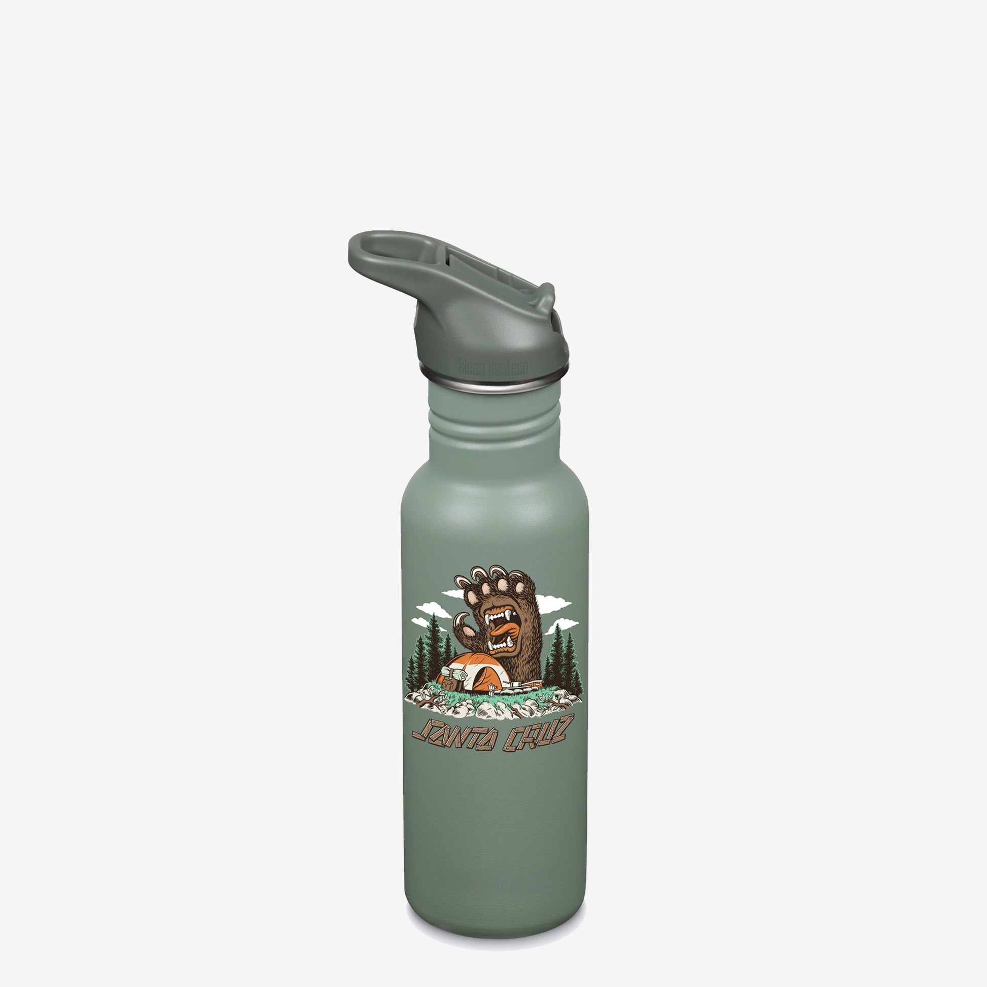 Green water bottle with bear graphic and 'Santa Cruz' text on a white background