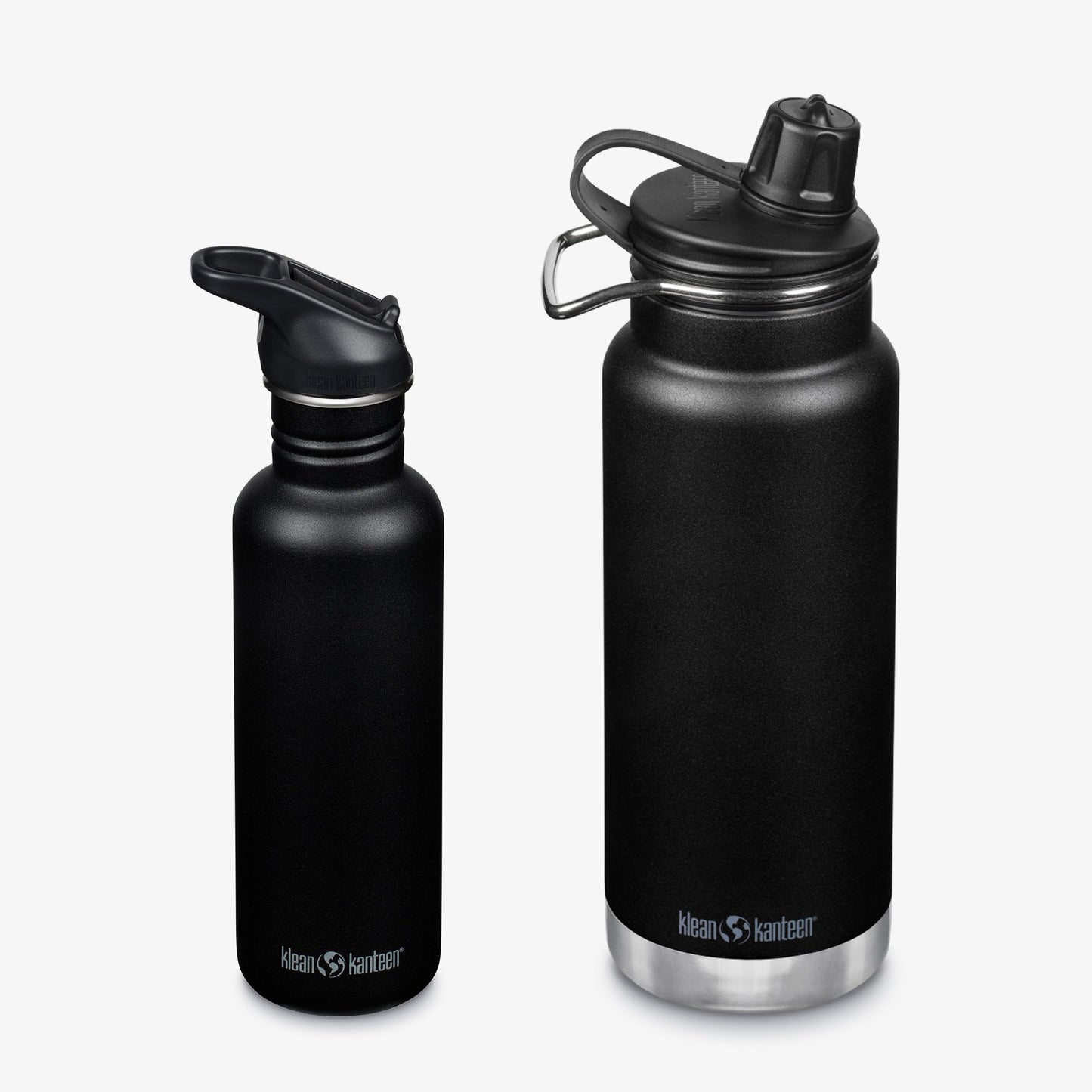 Two black insulated water bottles with different caps on a white background