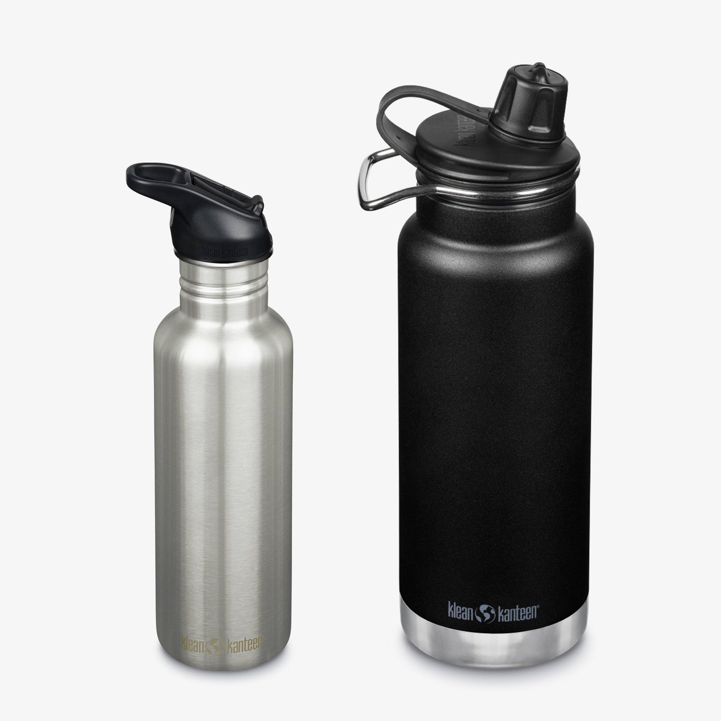 Two insulated water bottles, one silver and one black, on a white background.
