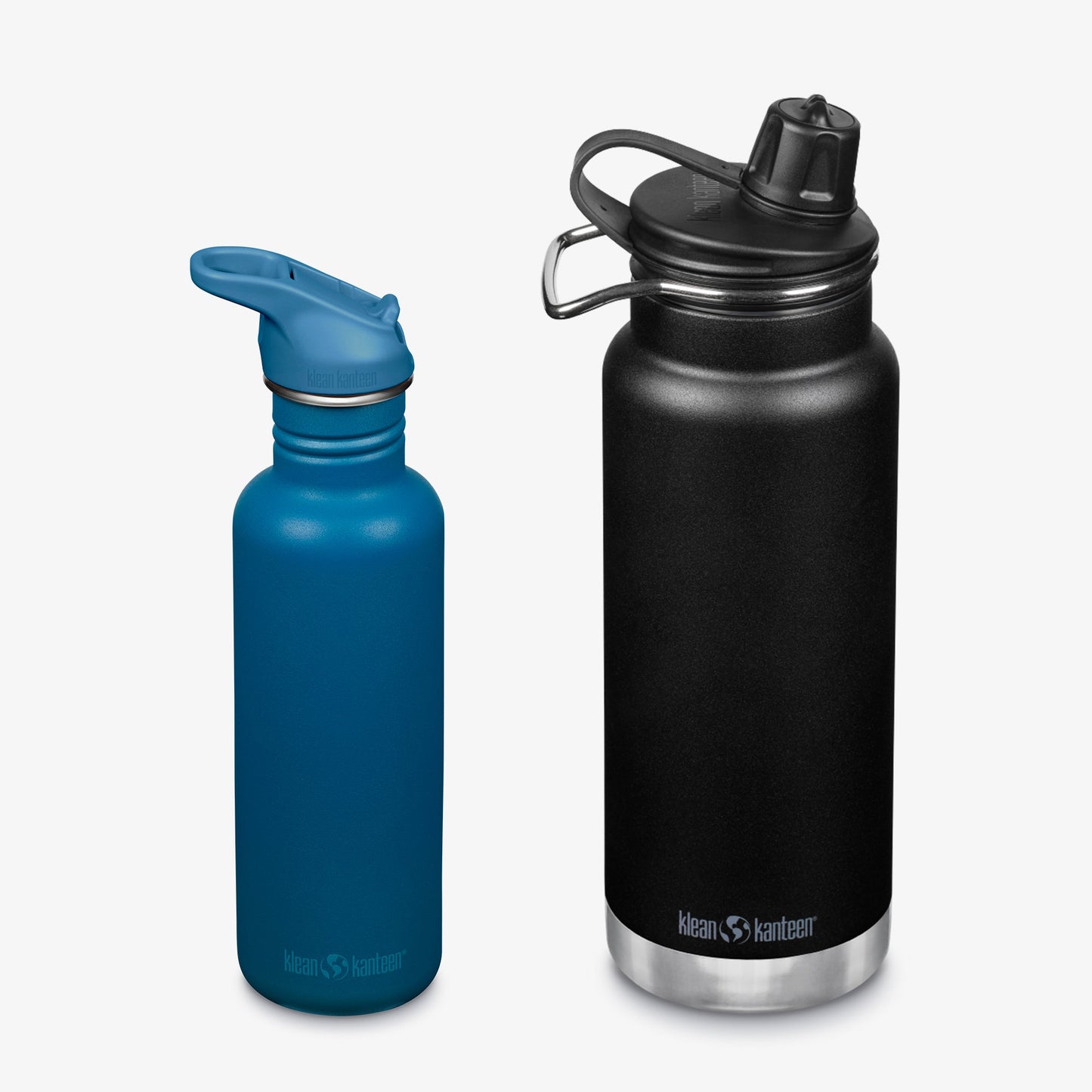 Blue and black water bottles with Klean Kanteen logos on a white background