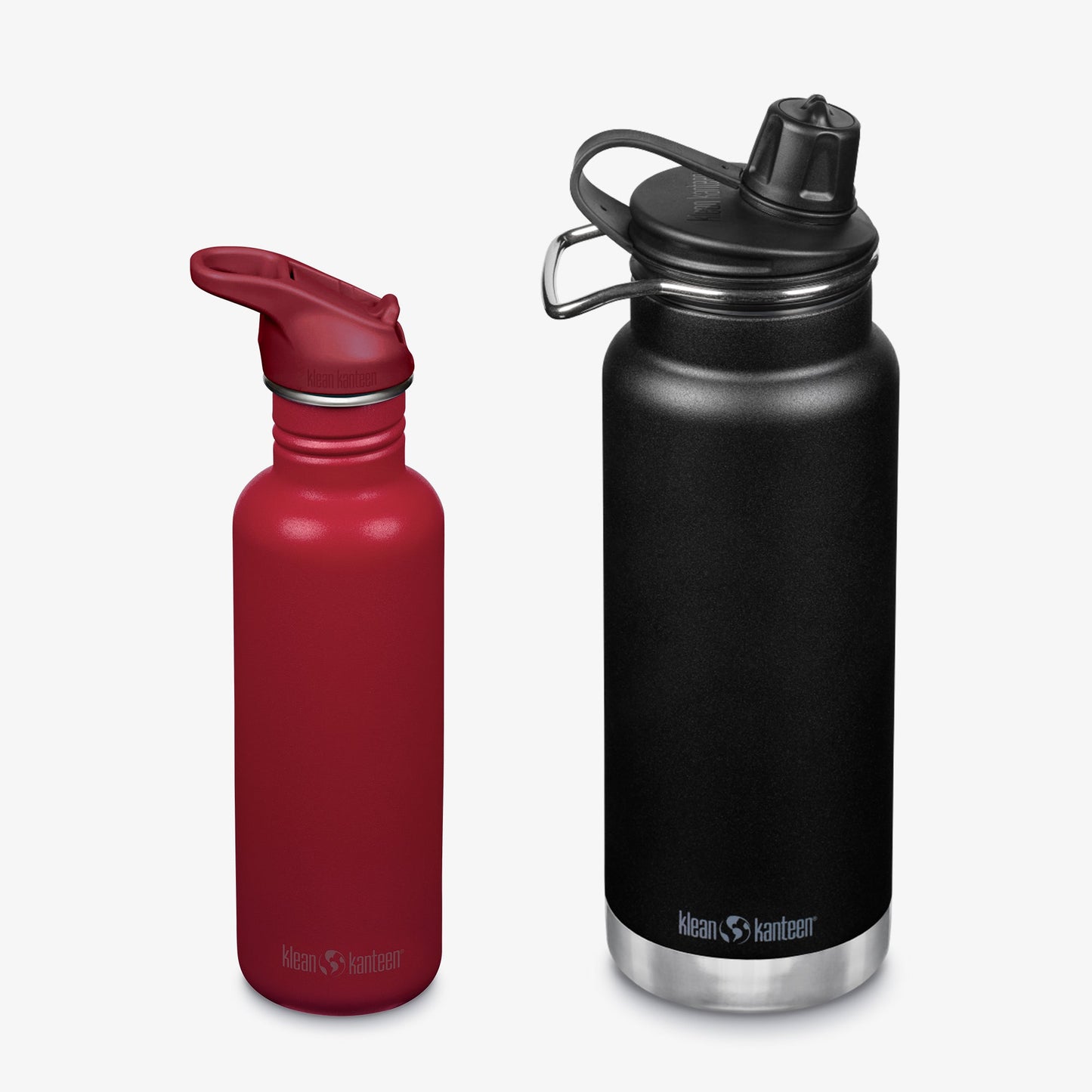 Red and black insulated water bottles with Klean Kanteen logo on a white background