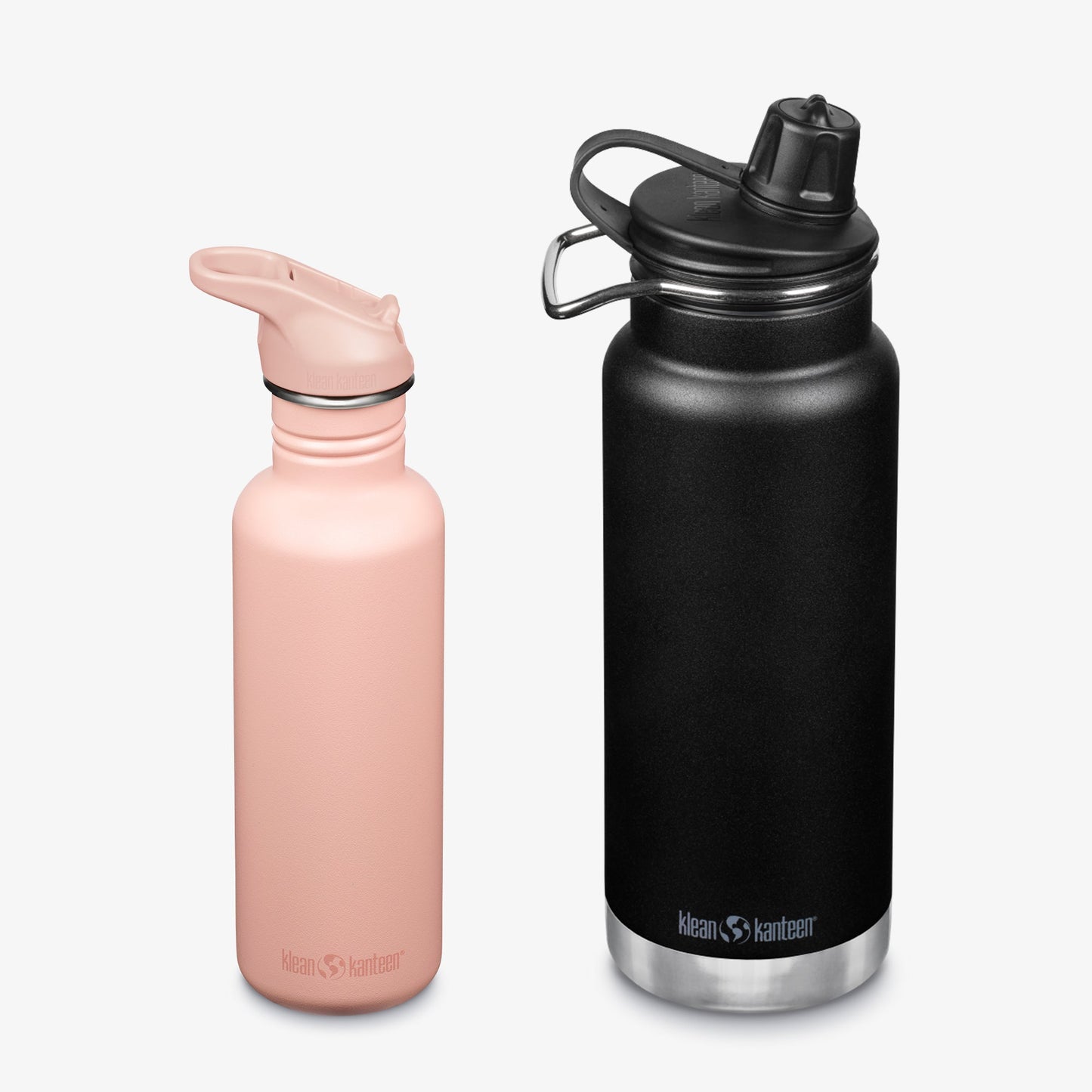 Pink and black water bottles with Klean Kanteen logos on a white background