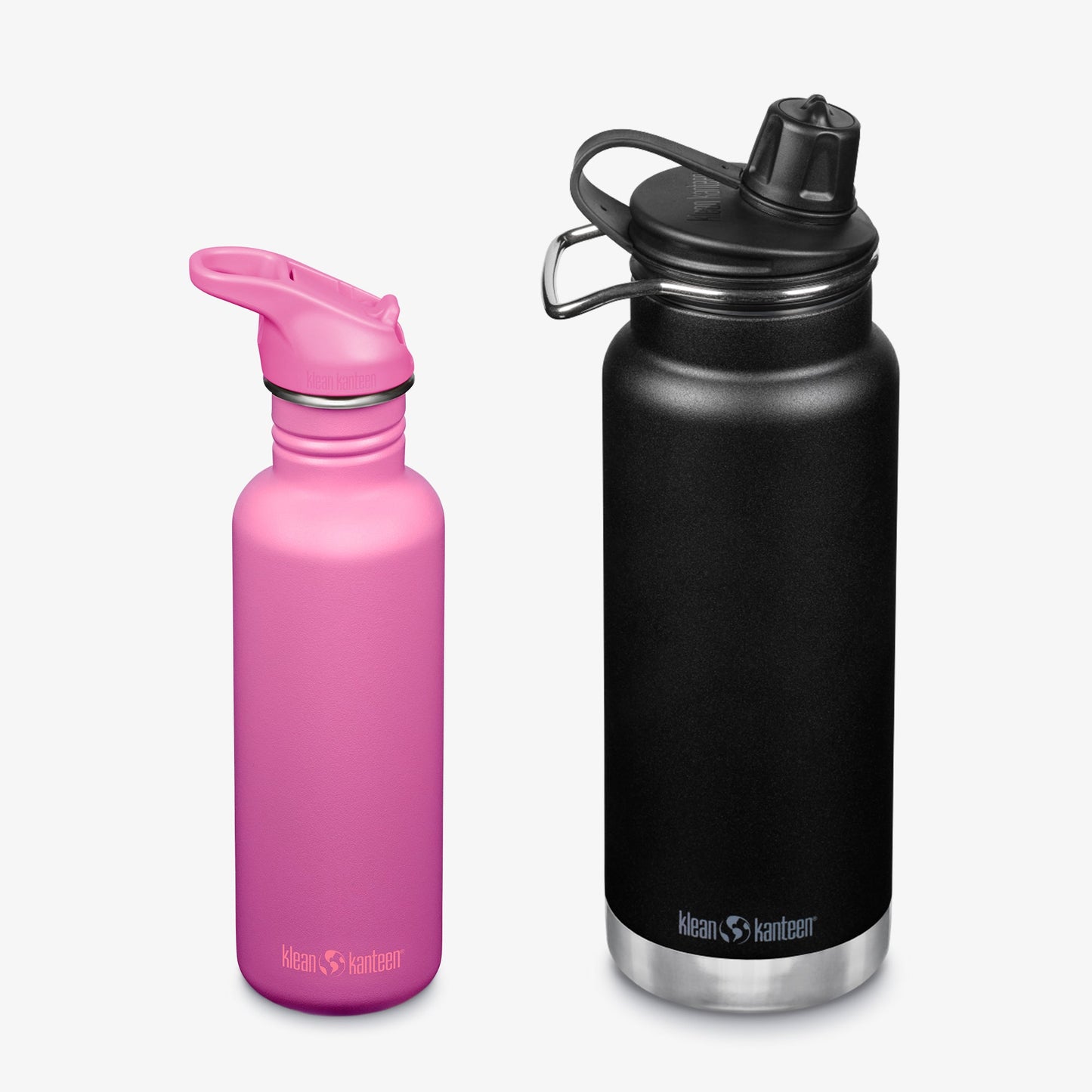 Pink and black water bottles with Klean Kanteen logos on a white background