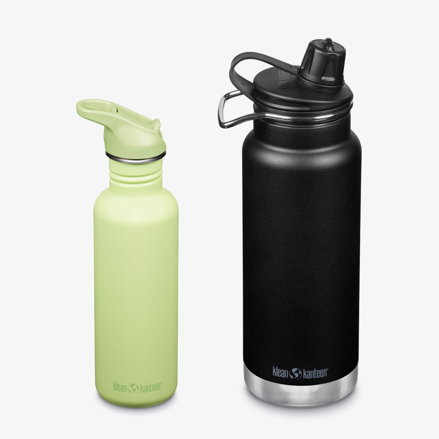 Two Klean Kanteen water bottles, one green and one black, on a white background.