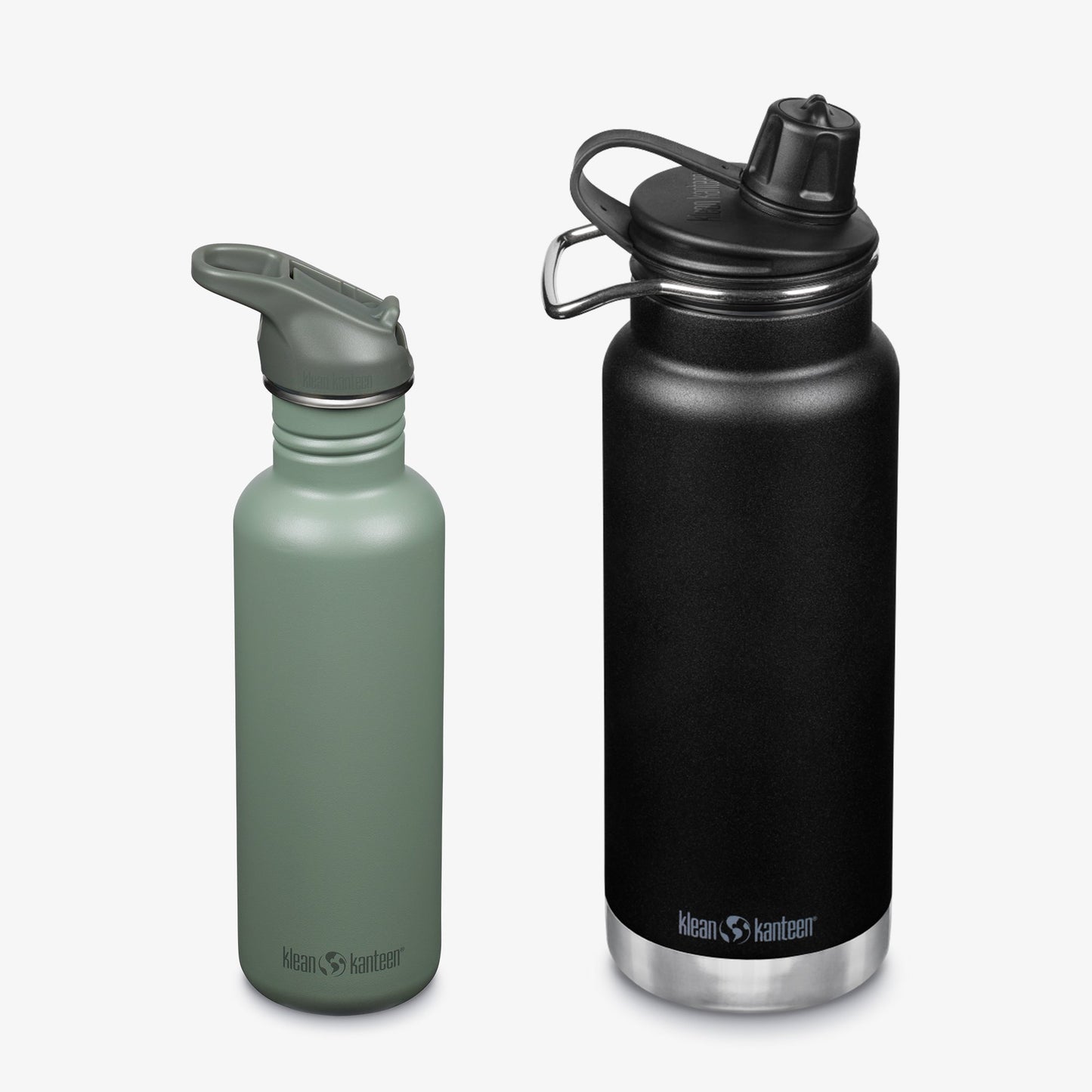Two Klean Kanteen water bottles, one green and one black, on a white background.