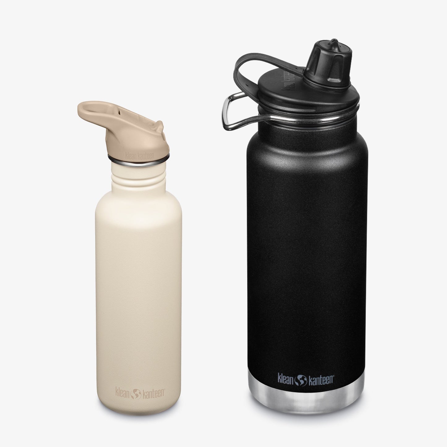 Two Klean Kanteen water bottles, one beige and one black, on a white background.