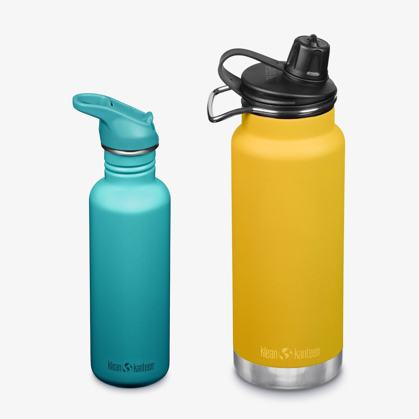 Two water bottles, one blue and one yellow, with black lids on a white background.