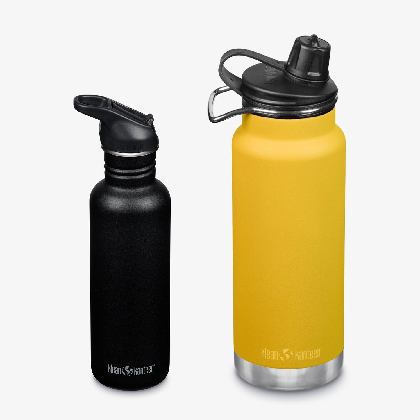 Black and yellow water bottles with black lids on a white background