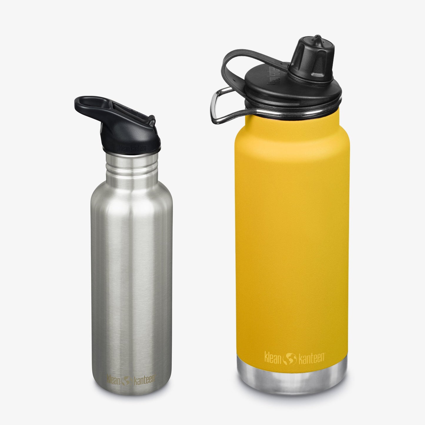 Two water bottles, one silver and one yellow with black lids, on a white background.