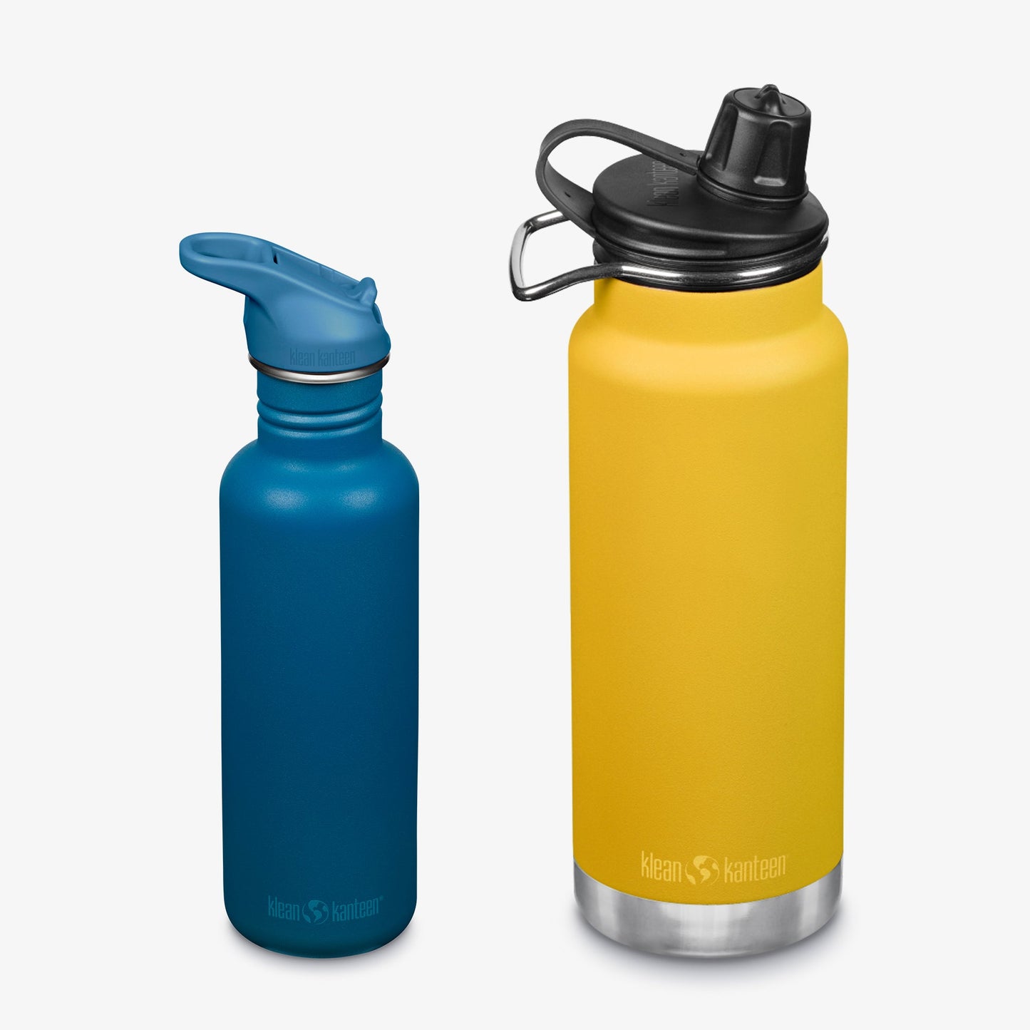 Blue and yellow water bottles with black lids on a white background