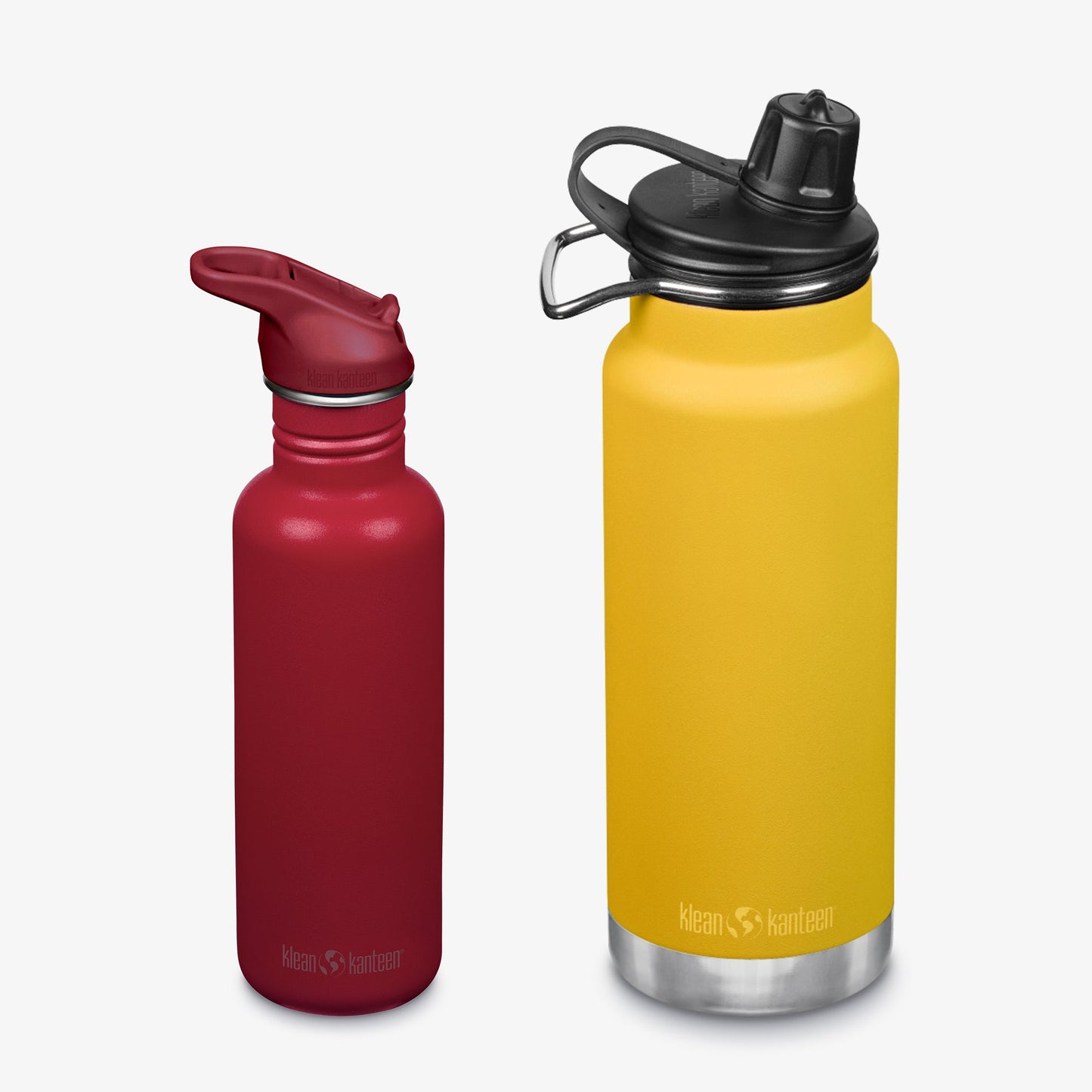 Red and yellow water bottles with black lids on a white background