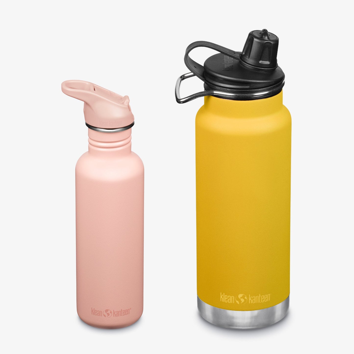Pink and yellow water bottles with black lids on a white background