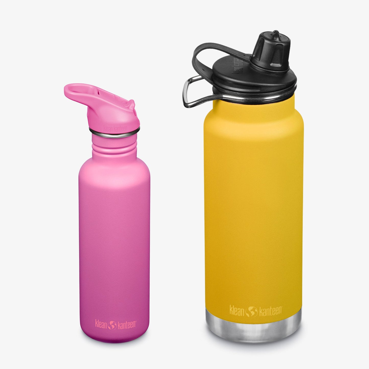 Pink and yellow water bottles with black lids on a white background