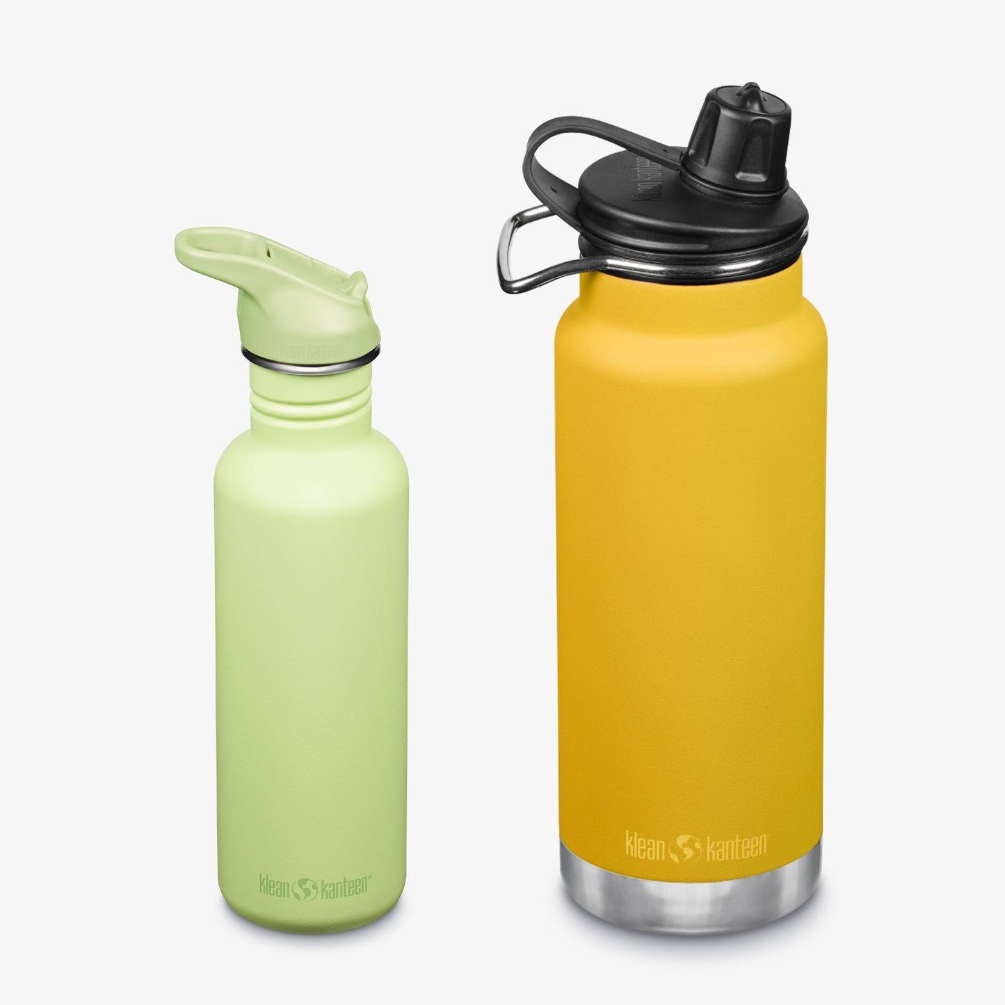 Two insulated water bottles, one green and one yellow, with black lids on a white background.