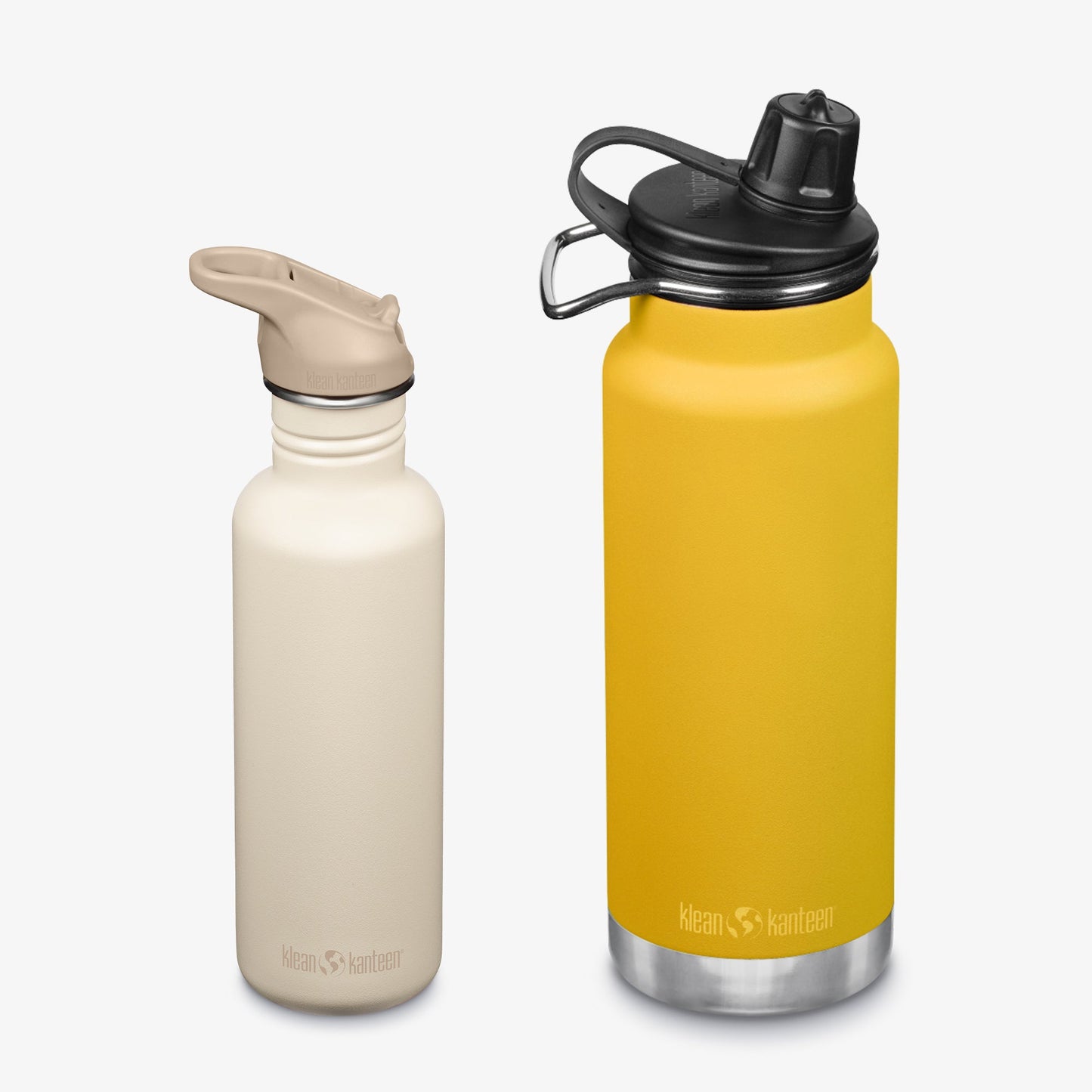 Two insulated water bottles, one beige and one yellow, on a white background.