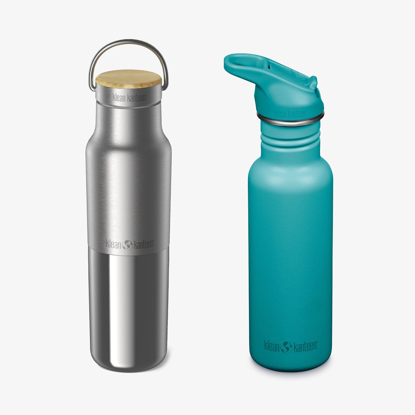 Silver and teal water bottles with Klean Kanteen logos on a white background