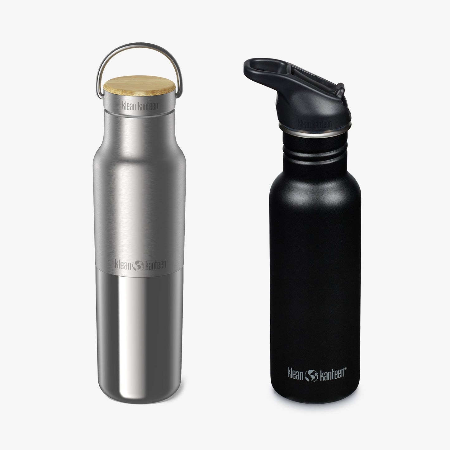 Silver and black water bottles with Klean Kanteen logos on a white background