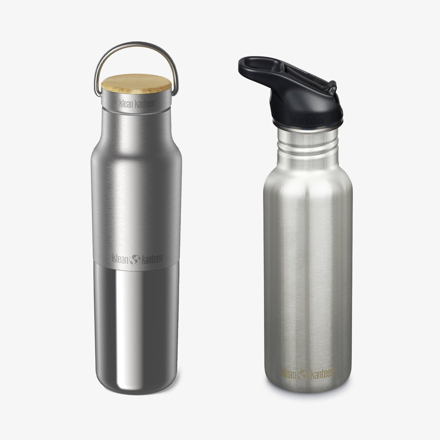 Two stainless steel water bottles with different lids on a white background