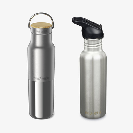 Two stainless steel water bottles with different lids on a white background