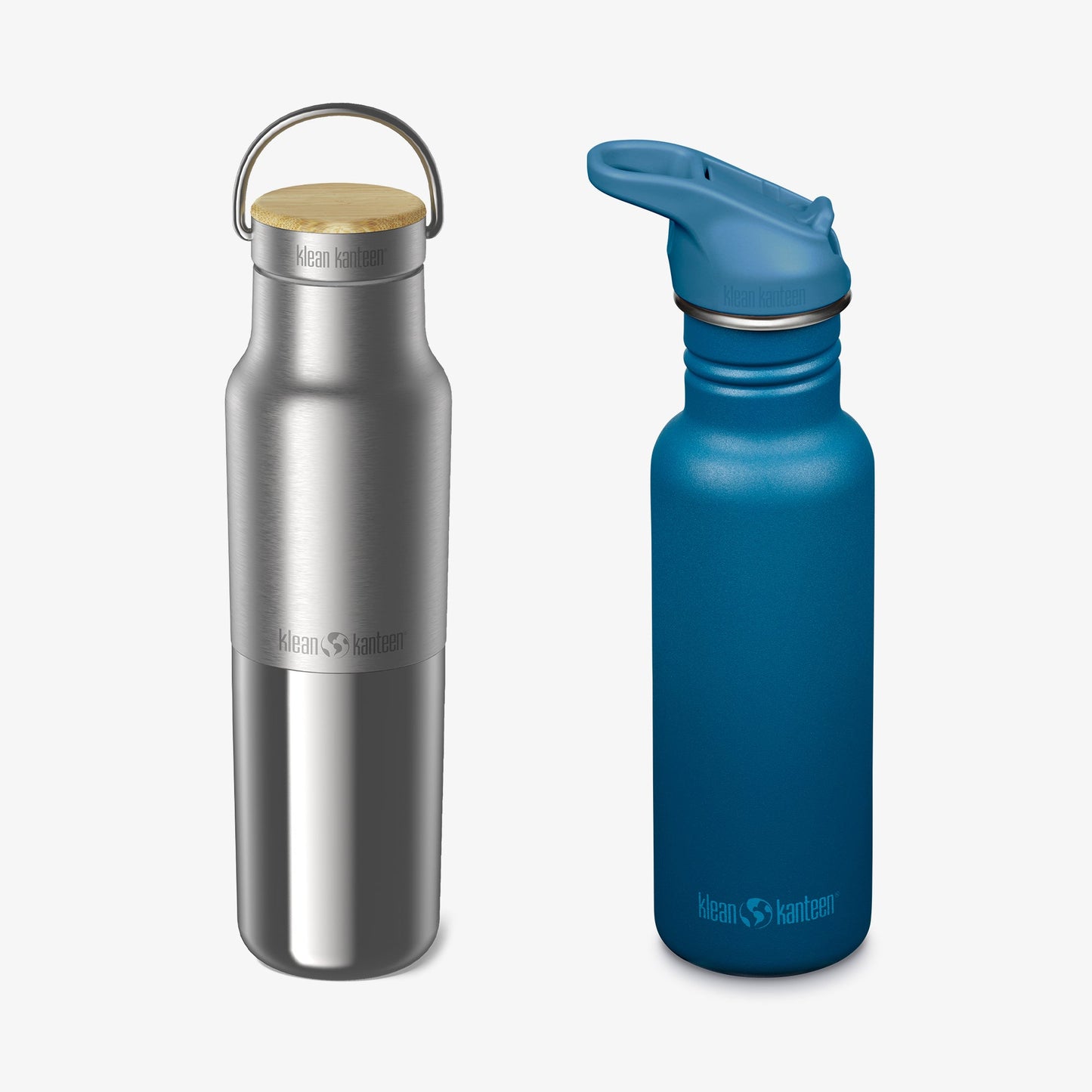Silver and blue water bottles with Klean Kanteen logos on a white background