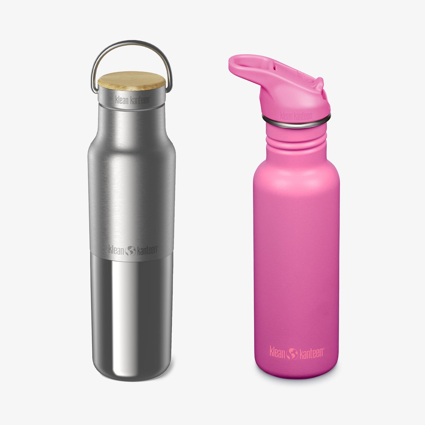 Silver and pink water bottles with Klean Kanteen logo on a white background
